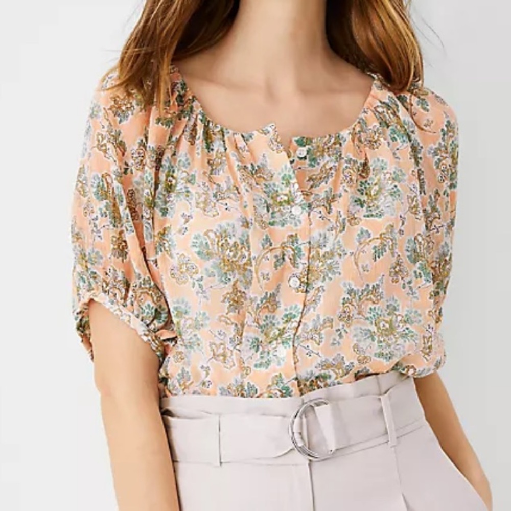 Ann Taylor Paisley Boatneck Button Raglan Top Size MP
